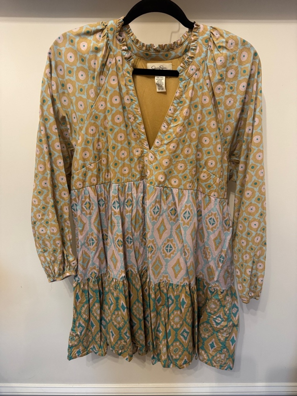 Jessica Simpson Mustard and Teal Printed Long-Sleeve Tiered Dress